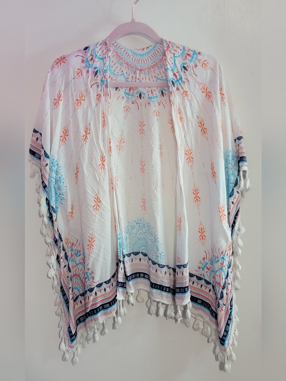 White Boho Tassel Kimono with Blue & Peach Print